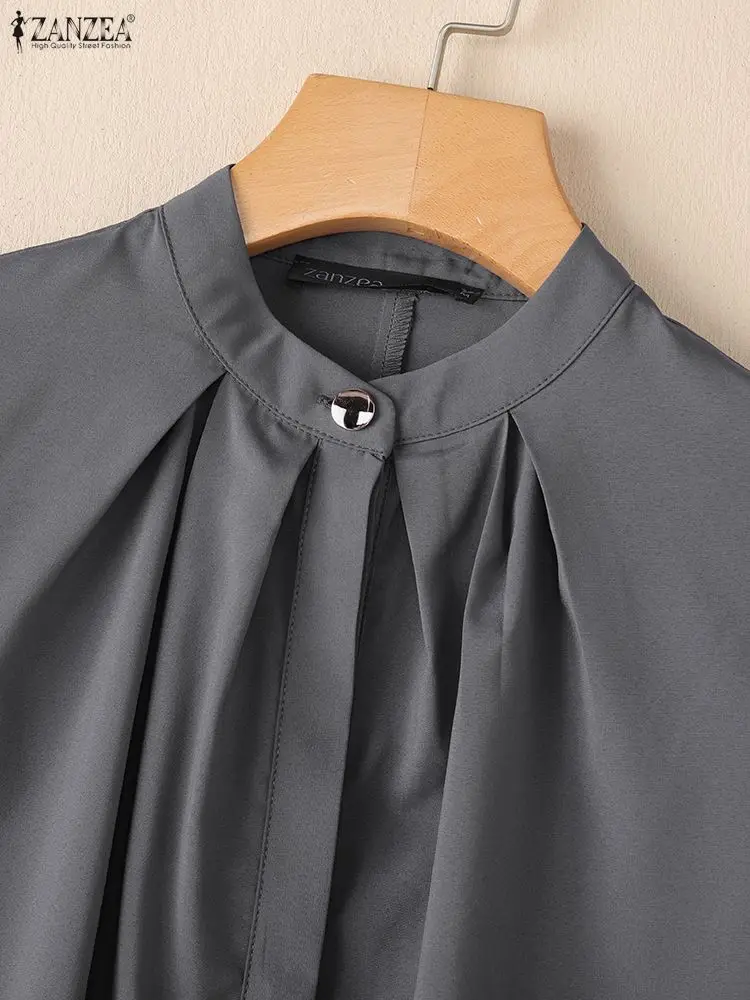 ZANZEA بلوزات نسائية أنيقة أنيقة بياقة الماندرين وتفاصيل مطوية 3/4 كم منتفخ نصف بلاكيت بلون واحد قطع علوية للسيدات S-3XL #5