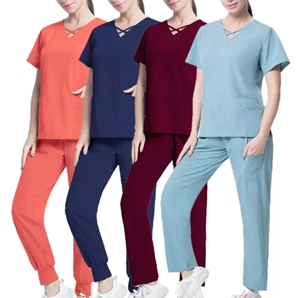 Multicolour Jogger Suits Doctor Nursing Uniforms Short Sleeve V-neck Tops Pocket Pants Nurse Scrubs Set Medical Clinical Clothes