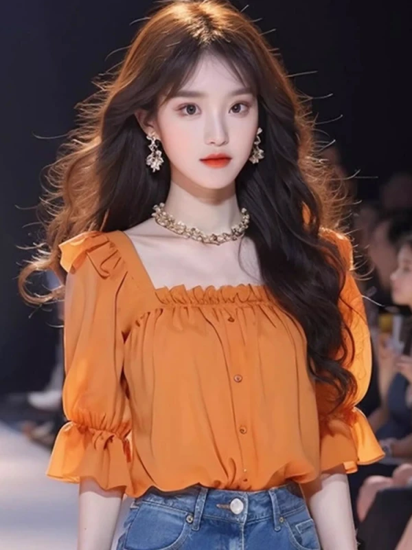 

Chic Beautiful Women's Summer Orange Chiffon irt Square Collar Blouse Durable Korean Sle Straight Cut ort Sve Top