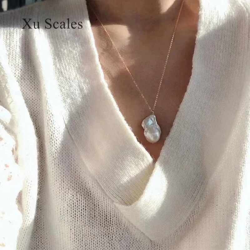 Natural Fishtail 15-30mm Freshwater Baroque Single Large Pearl Pendant Necklace 925 Silver Gold Clavicle Chain Gifts for Women