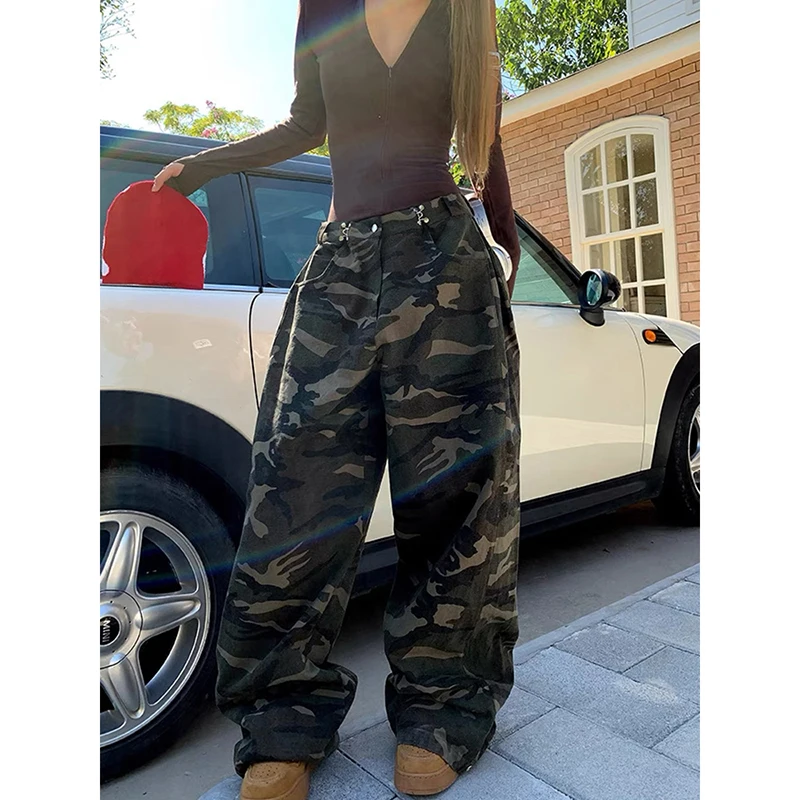 ZHIZOU 2025 الخريف المرأة التمويه البضائع الجينز Harajuku Y2k فضفاض سراويل جينز السراويل الجمالية خمر 2000s الملابس القمامة #5