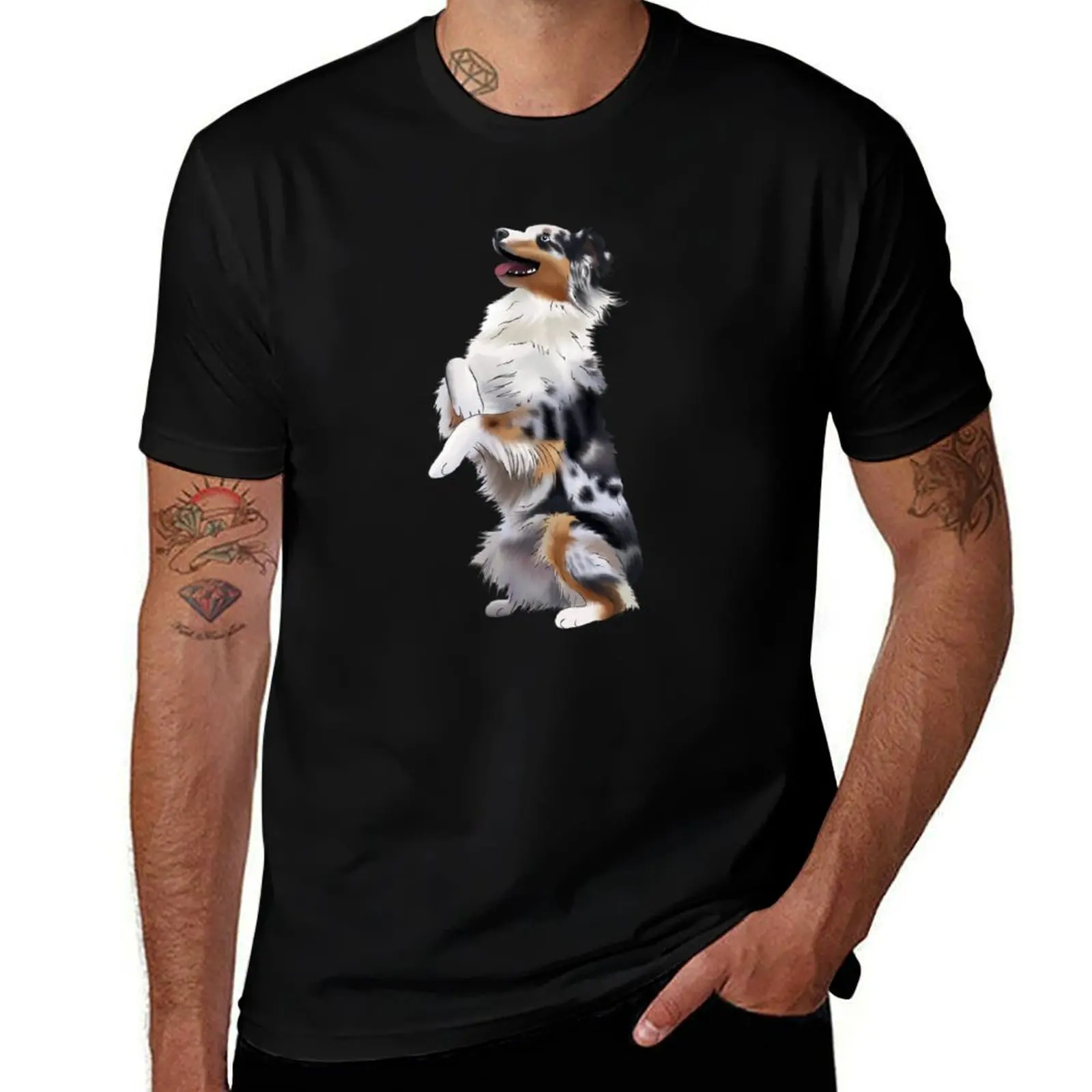 Cute Australian Shepherd Blue Merle Begging Dog Aussie Drawing T-Shirt Plus Size Summer Short Sleeve T-Shirt