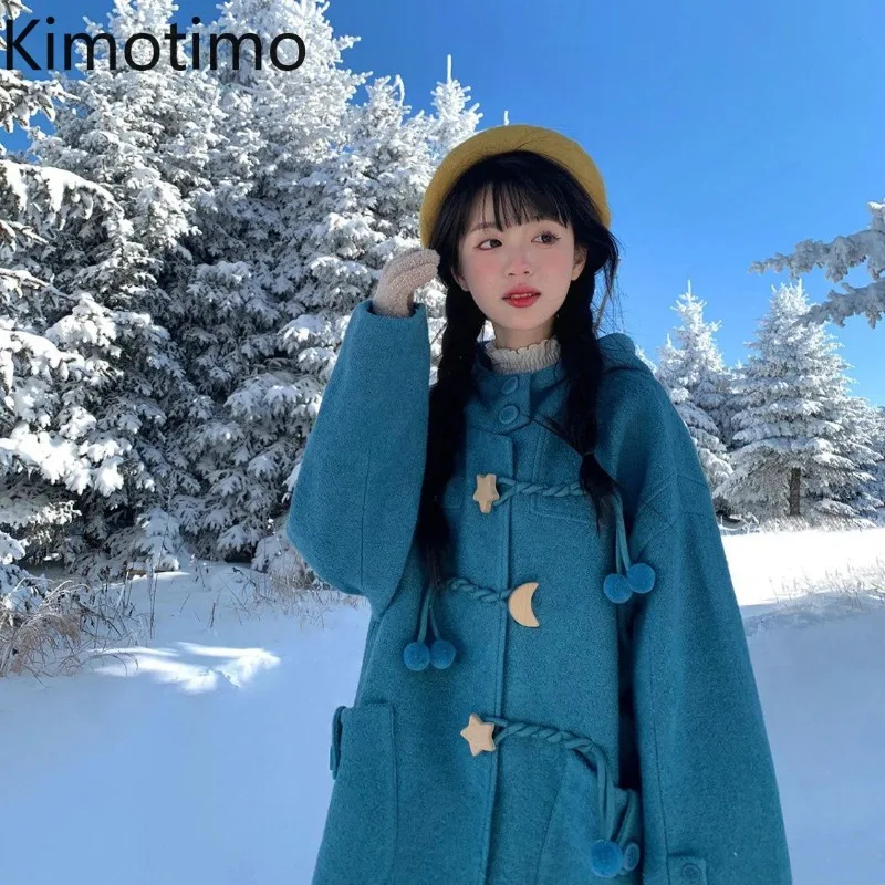 Kimotimo Japanese Sweet Woolen Coat Women 2024 Autumn Winter Hooded Loose Pocket Jackets Korean Fashion Lazy All Match Chic Tops