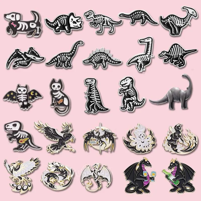 Black and white fairy crane demon beast Dinosaur Enamel Pins  X-ray Dog Cat Animal Brooches Badge Gothic Jewelry For Friends