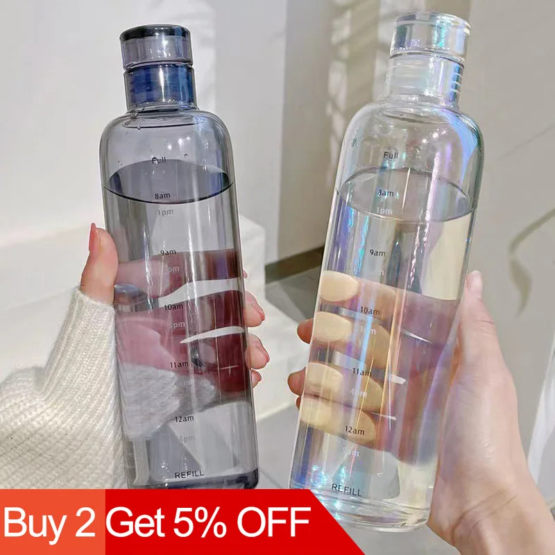 Botella de agua de plástico transparente con escala de tiempo, botella de bebida a prueba de fugas de gran capacidad, taza de bebida resistente a caídas para viajes deportivos
