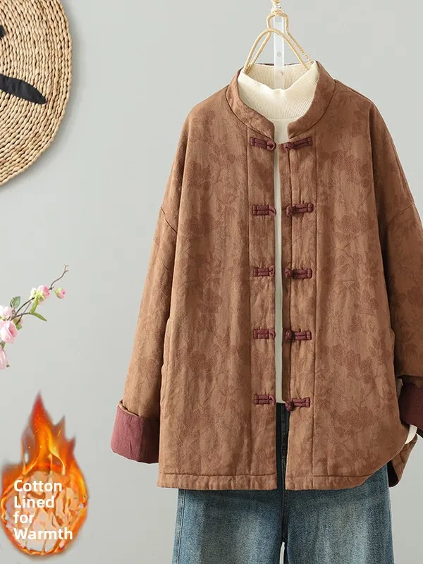 

New Chinese Sle Thiened Cotton Jaet Women's Loose Warm Outerwear with Button Design Winter Faion Casual Coat