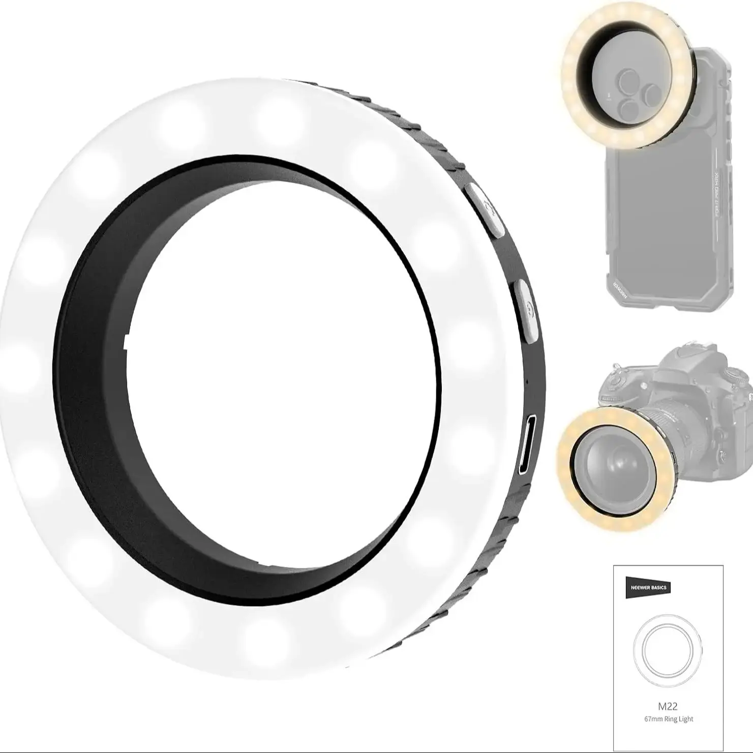 NEEWER Basics 67mm Pierścieniowa Lampa z Gwintem 67mm do Uchwytów/Etui/Obiektywów do Telefonów, Ładowalna Dwukolorowa Lampa LED do Selfie i Fotografii — zdjęcie produktu 7