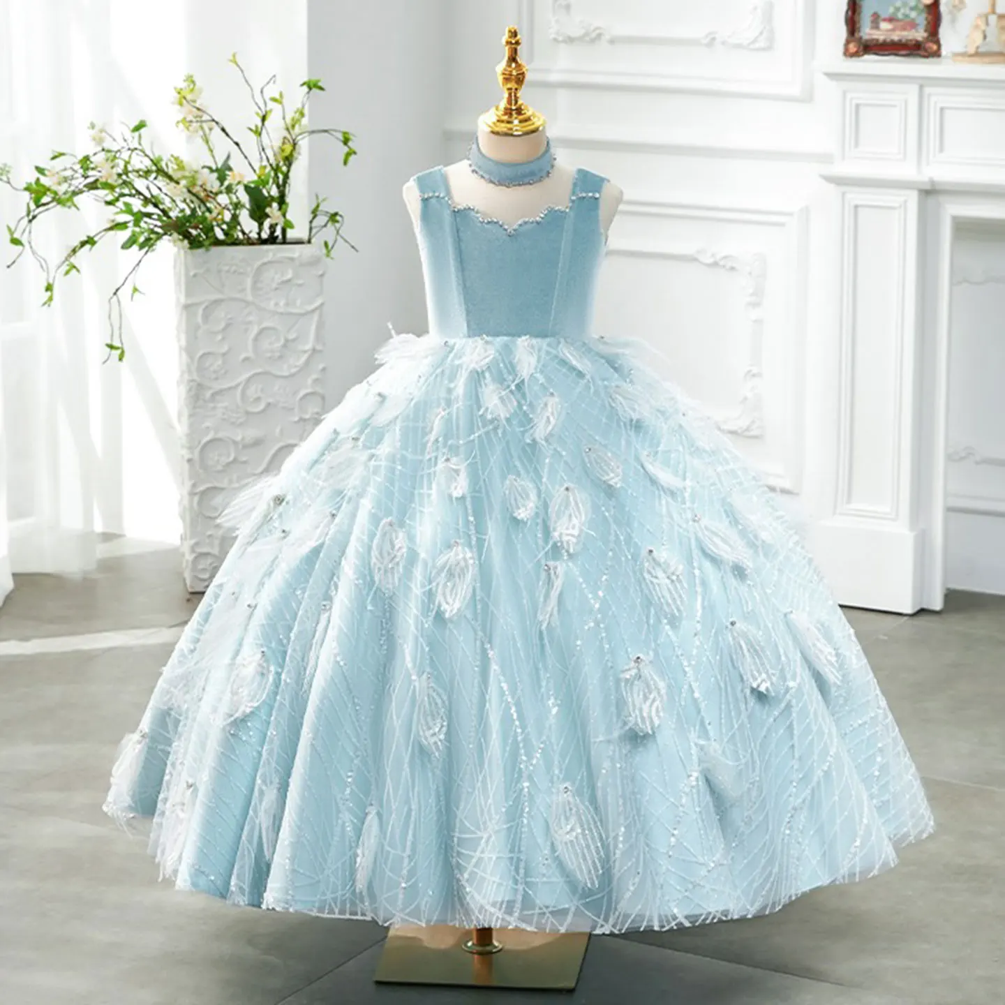 

Jill Wish Luxury Dubai Sky Blue Girl dresses High-Neck Feather Arabic Princess Kids Birthday Wedding Party Ball Gown J128