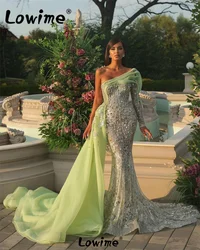 Arabic One Shoulder Long Wedding Party Dress Green Sequins Beaded Formal Evening Gowns 2023 Ruffles Side Train Prom Dresses Robe