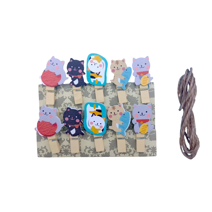 10pcs/lot Decoration Clips Wooden Hemp Rope Clips Mini Wood Clips Lovely Lucky Cat Paper Photo Clip Craft With