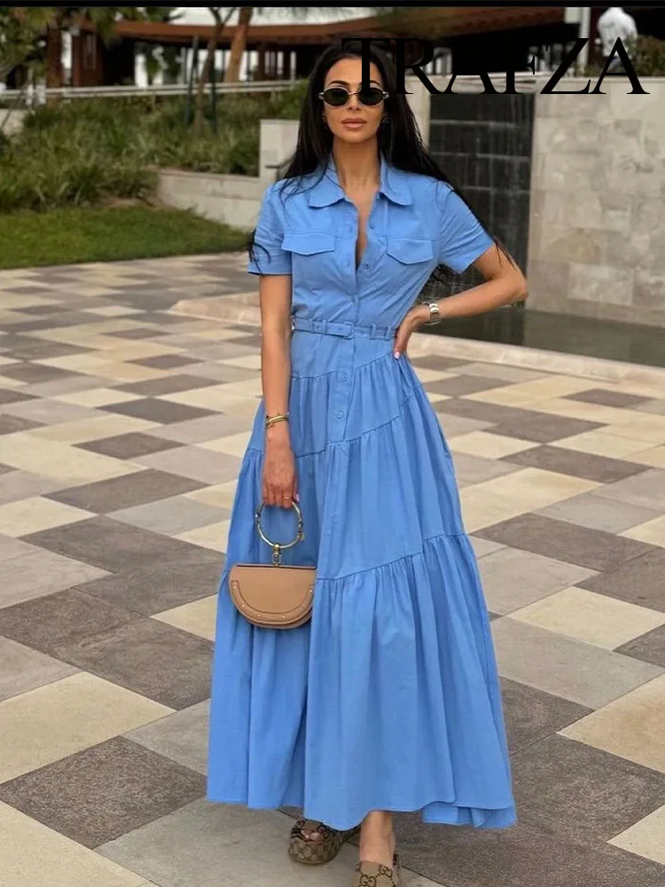 

TRAFZA Summer Dress Woman 2024 Trendy Solid Turn-Down Collar Short Sleeves Belt Single Breasted Female Elegant Long Dresses TRAF
