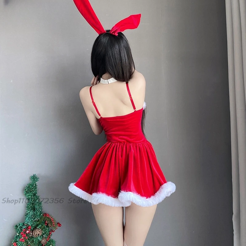 Sexy süße Weihnachtsstil Kostüme Anime Cosplay Kaninchen Mädchen Plüsch rotes Kleid Kawaii Hase Ohr Sling Rock Damen Paare Set