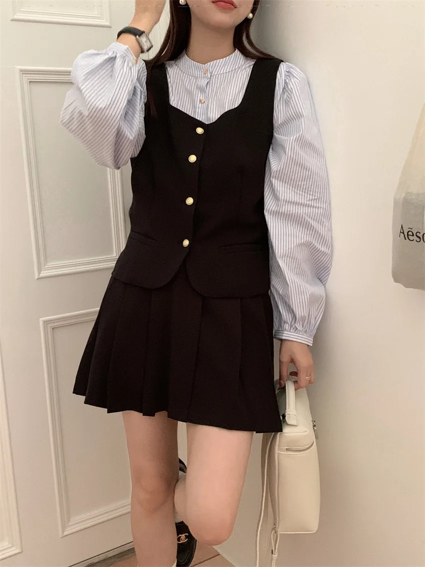 Alien Kitty Autumn Princess Sweet Three Pieces Suits Women Chic Slim Puff Sleeve Shirts Elegant vest Pleated Mini Skirts Sets