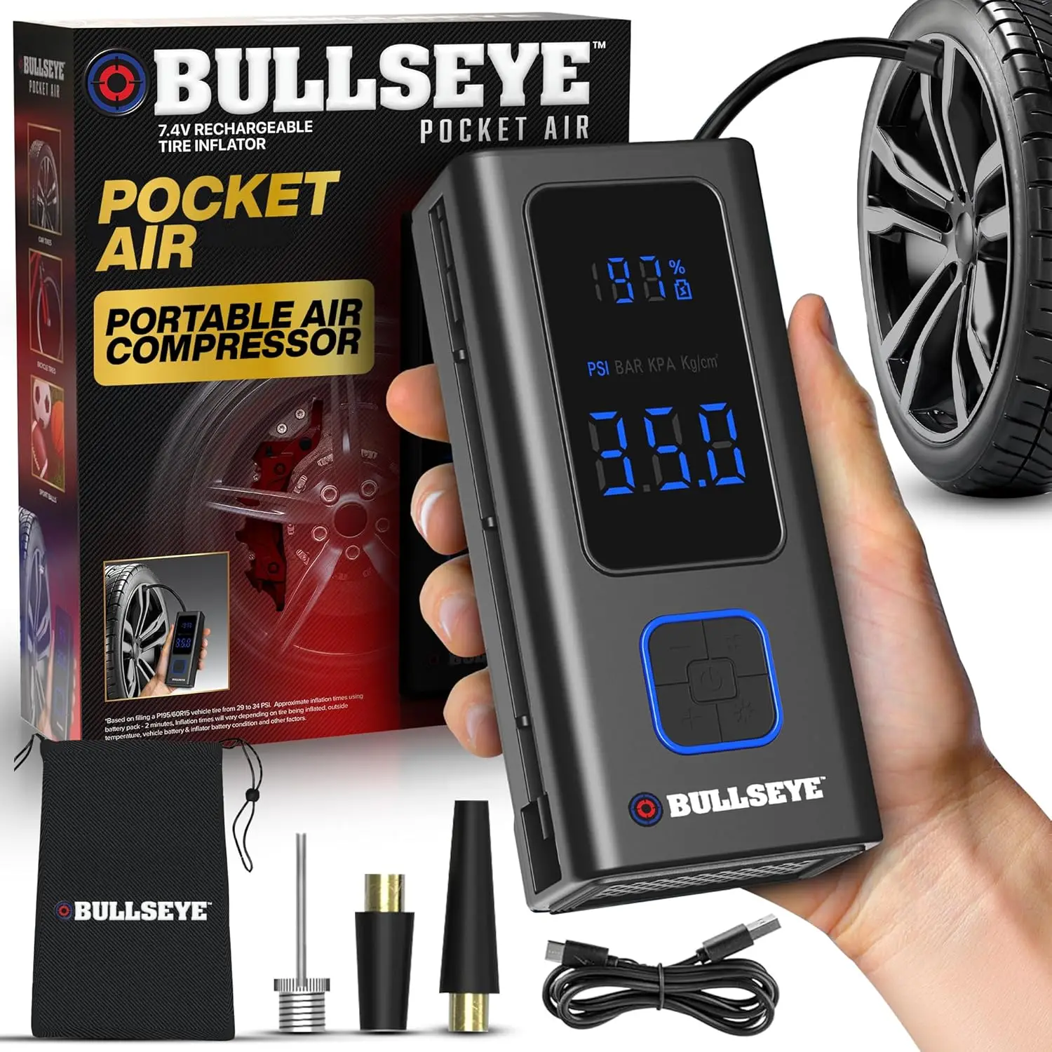 

Беспроводной насос для накачивания шин Bullseye Pro с автоматическим отключением 40 фунтов на квадратный дюйм для технического обслуживания автомобильной мойки и использования надувным насосом