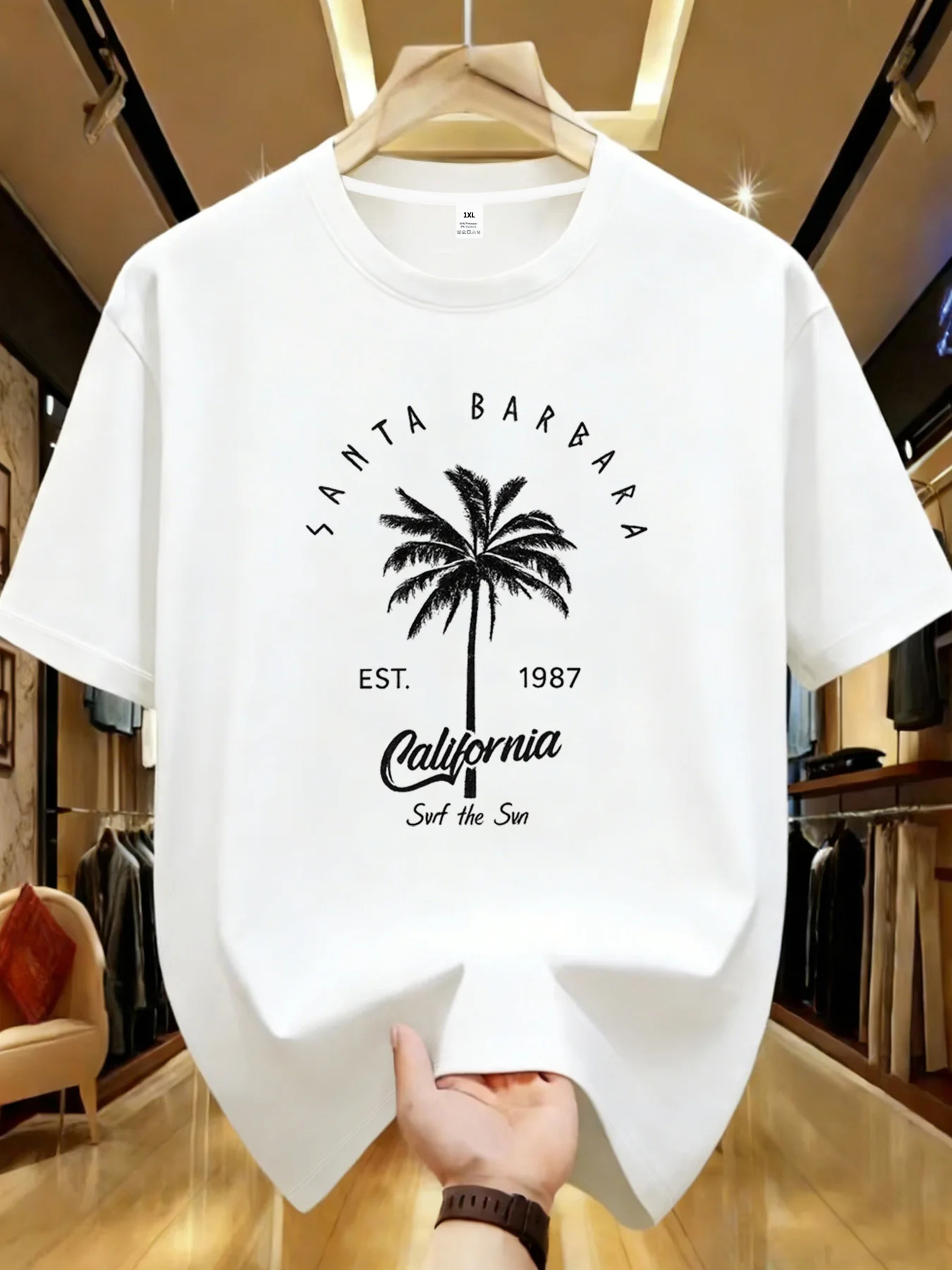 

【YJ00030】Coconut tree and letters Plus size women's round neck short sleeve T-shirt with elastic half sleeves and trendy prints