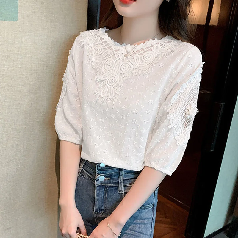 Sweet Chiffon Lace Pullover T-Shirt White All-match Round Neck Hook Flower Hollow Half Sleeve Loose Spring Summer Women's Top