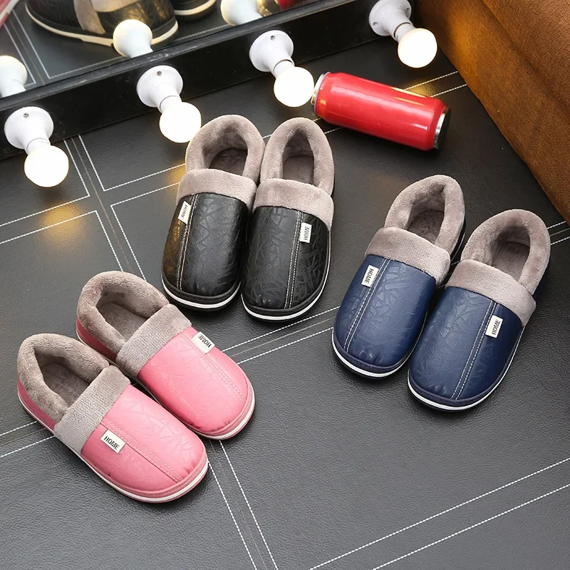 Big Size 50 51 Men Slippers Winter Warm PU Leather Waterproof Indoor Home Slipper Furry Shoes Couples Flats Bedroom Plush Slides