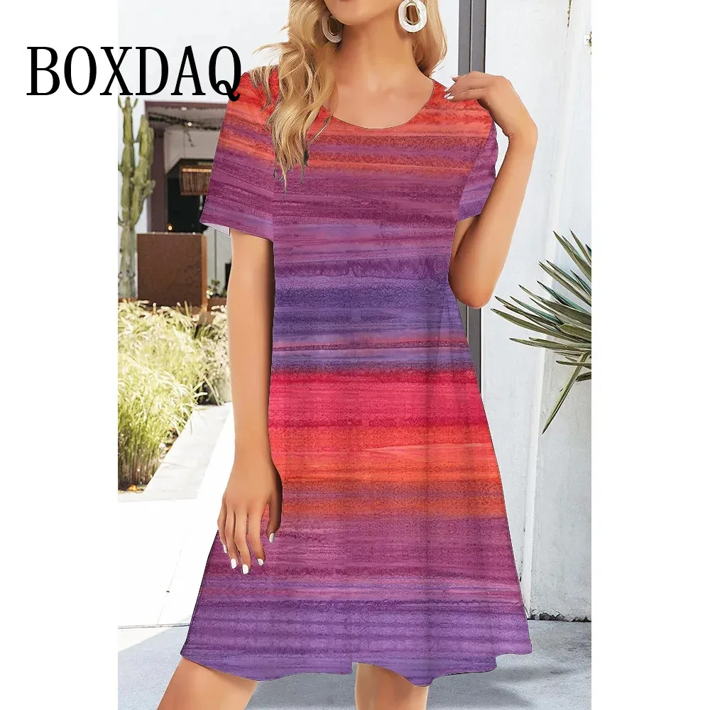 Summer Fashion Short Sleeve Women's Dresses Green Stripe Print Casual Dresses 2024 Women's Round Neck T-shirt Short Dresses 3XL