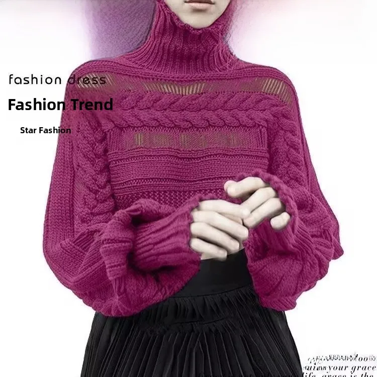 

Модный корейский свитер 2024 года с высоким воротником, свободного кроя, с плиссированными плечами, длинными рукавами-фонариками, осенний.