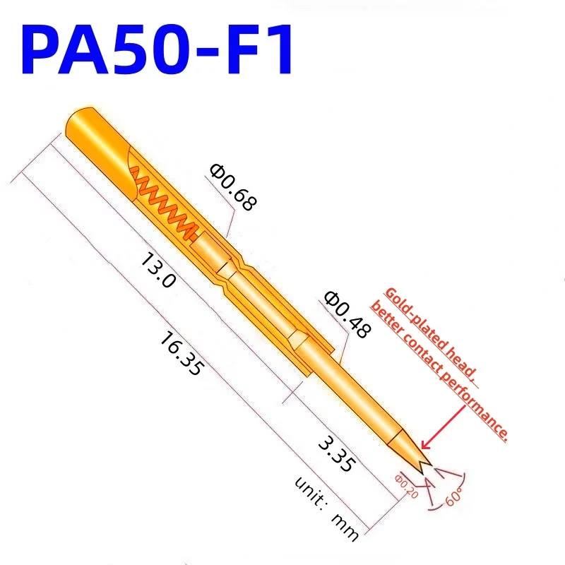 100PCS PA50-F1 Spring Test Probe PA50-F Test Pin Test Tool 16.35mm Dia0.68mm Gold Needle Tip Dia 0.48mm Pogo Pin P50-F P50-F1