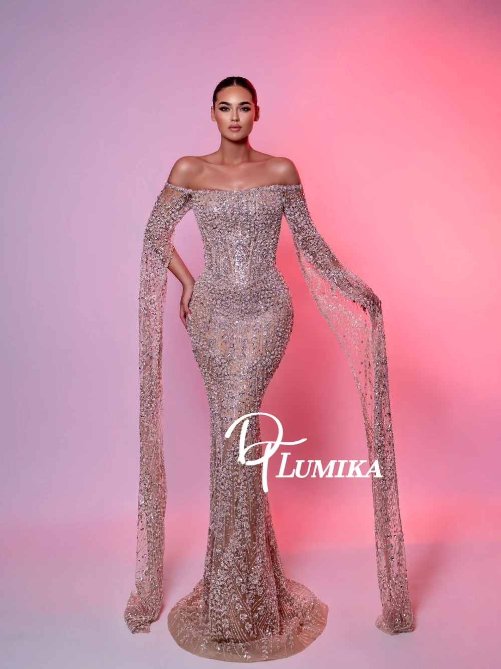 

New Arrival Dazzling Beaded Evening Dress Statement Opulent Mermaid Off-the-shoulder Long Cape Customized Prom Gown For Women