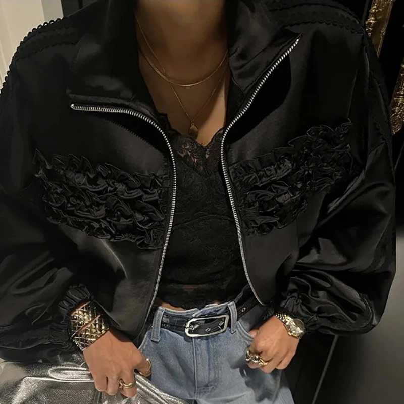 Trendy Loose Long Sleeve Womens Short Jacket Crop Tops Folded Ear Mushroom Ruffle Zipper Drawstring Coat Spring Casual Outerwear