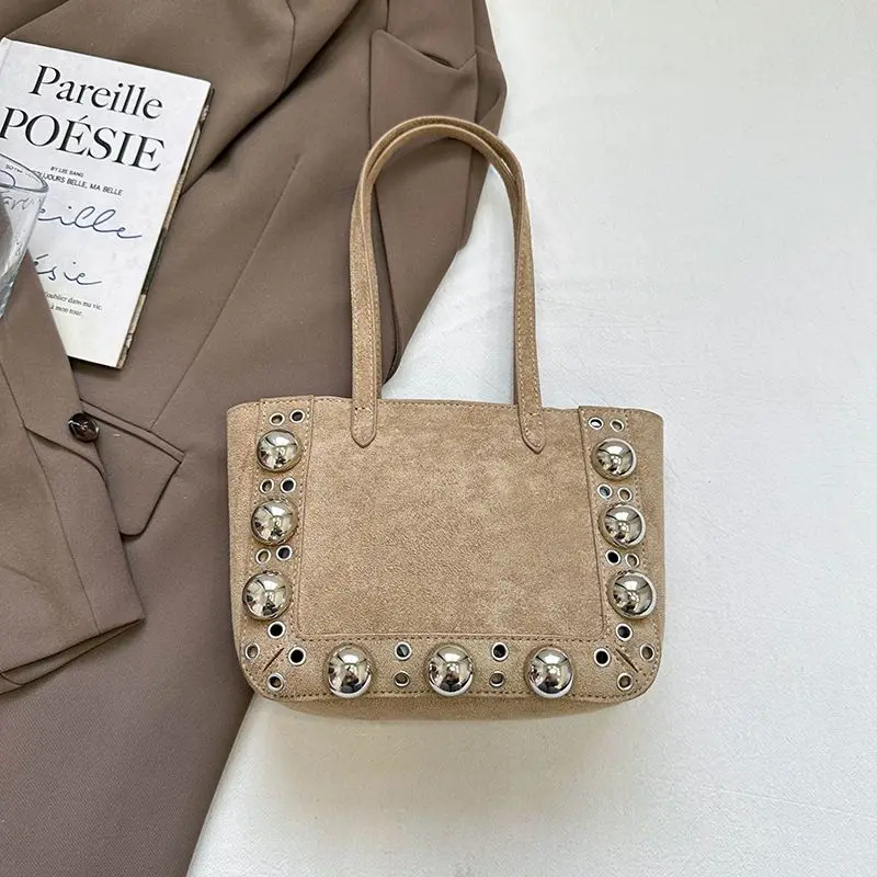 Khaki Brown Black Red Vintage Suede Shoulder Bag Metal Studs Rivet Decor Handle Small Tote Handbag Purse Phone Commute for Women