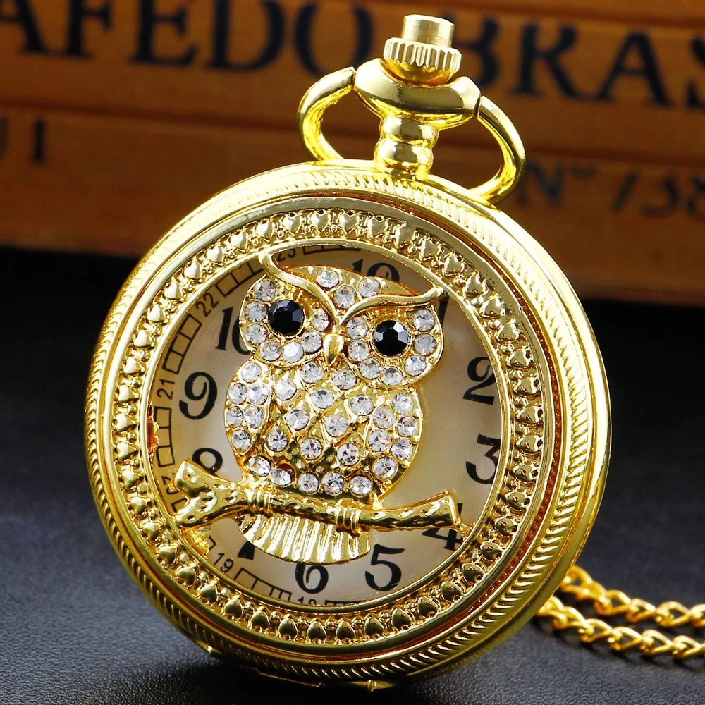 

Exquisite Gold Openwork Diamond Owl Quartz Pocket Watch Arabic Numerals Necklace Pendant Clock Men Women Student Gifts Popular