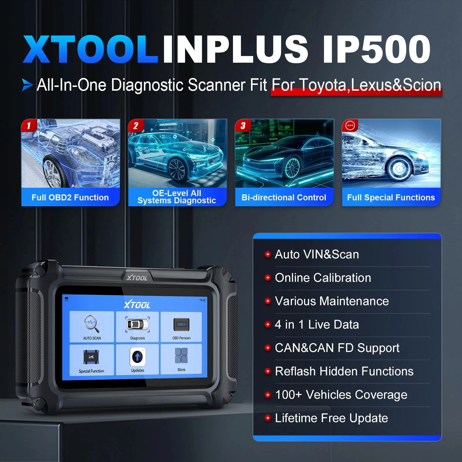 XTOOL InPlus IP500 TLS Toyota OBD2 Car Scanner Bidirectional Diagnostic Tool Live Data with 19+ Resets Lifetime Free Update