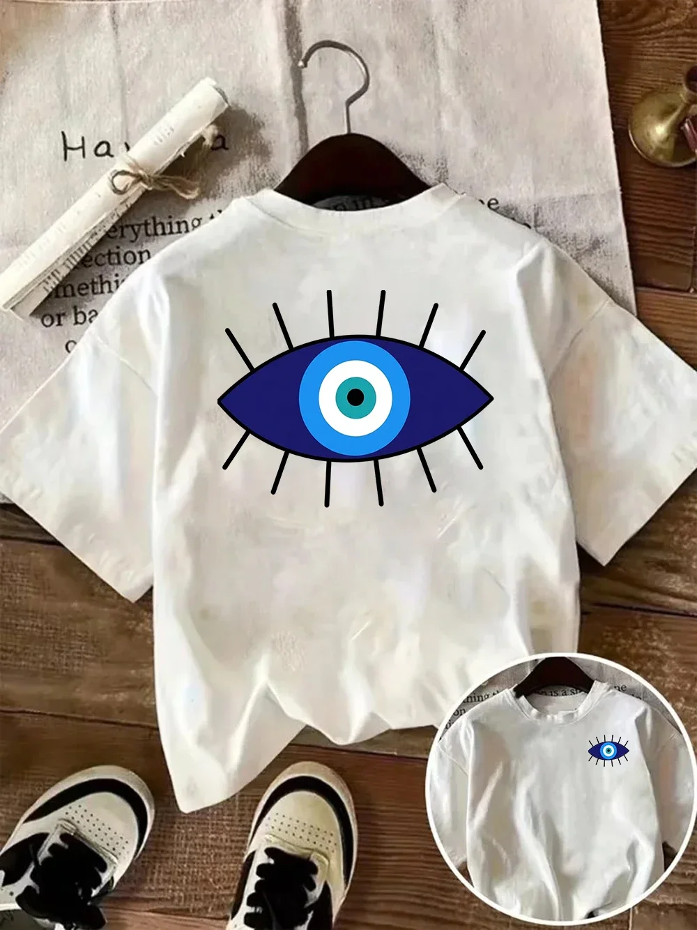 Camiseta con Gráfico de Protección Contra el Mal de Ojo, Símbolo Nazar, Amuleto de Buena Suerte, Top de Verano, Informal, de Manga Corta, Moda Urbana para Mujer