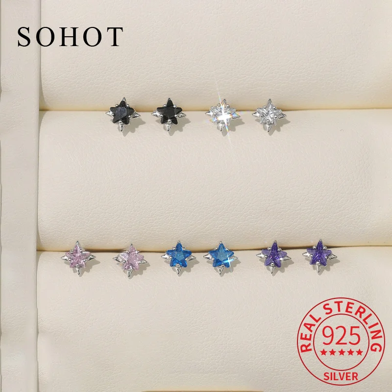 Real 925 Sterling Silver Exquisite Colorful Star Zircon Stud Earrings for Elegant Women Romantic Fine Jewelry Accessories