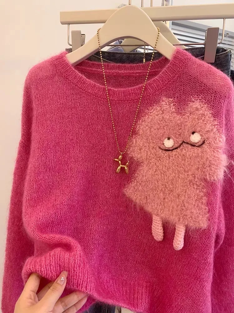 Cartoon Embroidery Sweaters Women Sweet Loose O-neck Cute Knitted Pullovers Autumn Winter Warm Harajuku Warm Rose Red Sweater