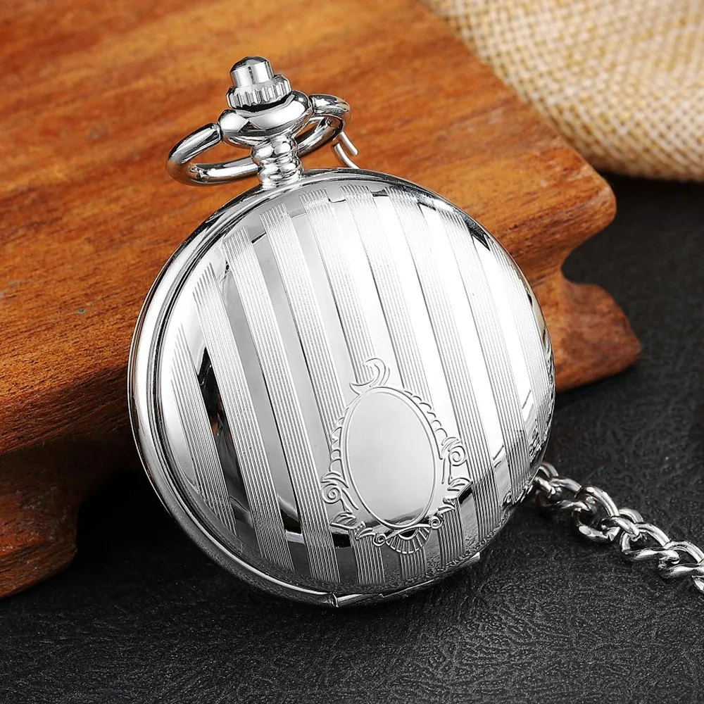 Antique Engraved Silver Case Mechanical Pocket Watch Double Flip Cover Skeleton Steampunk Pendent Necklace Clock Fob Watches
