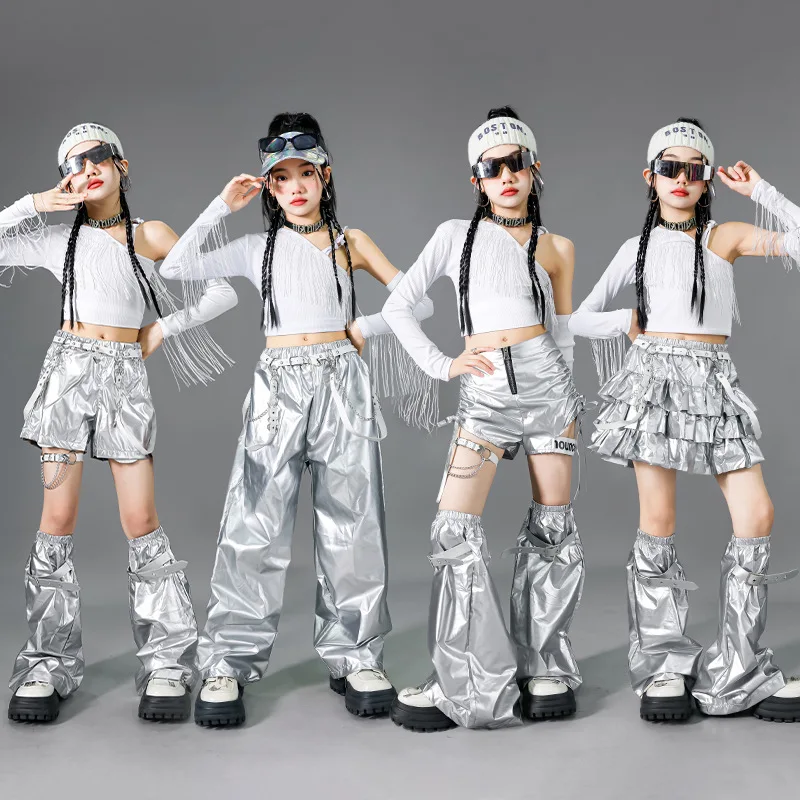 

Комплекты K-pop для девочек, укороченный топ с кисточками, шорты для уличных танцев, детские штаны в стиле хип-хоп, джаз, серебряные брюки, юбки, одежда, детская уличная одежда, костюм