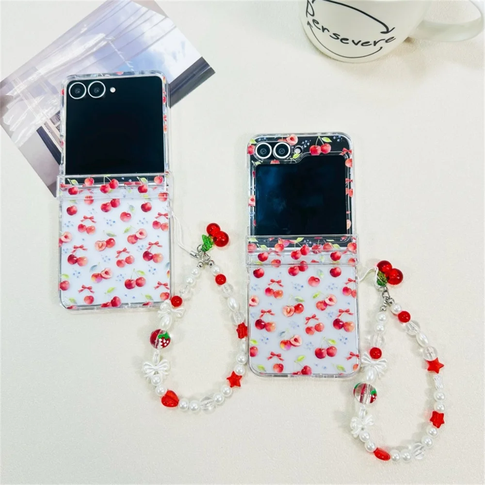 Sweet Summer Cute Cherry Fruit Print Phone Case for Samsung Galaxy Z Flip 7-3 Cherry Star Bow Charm Bead Strap Protective Cover