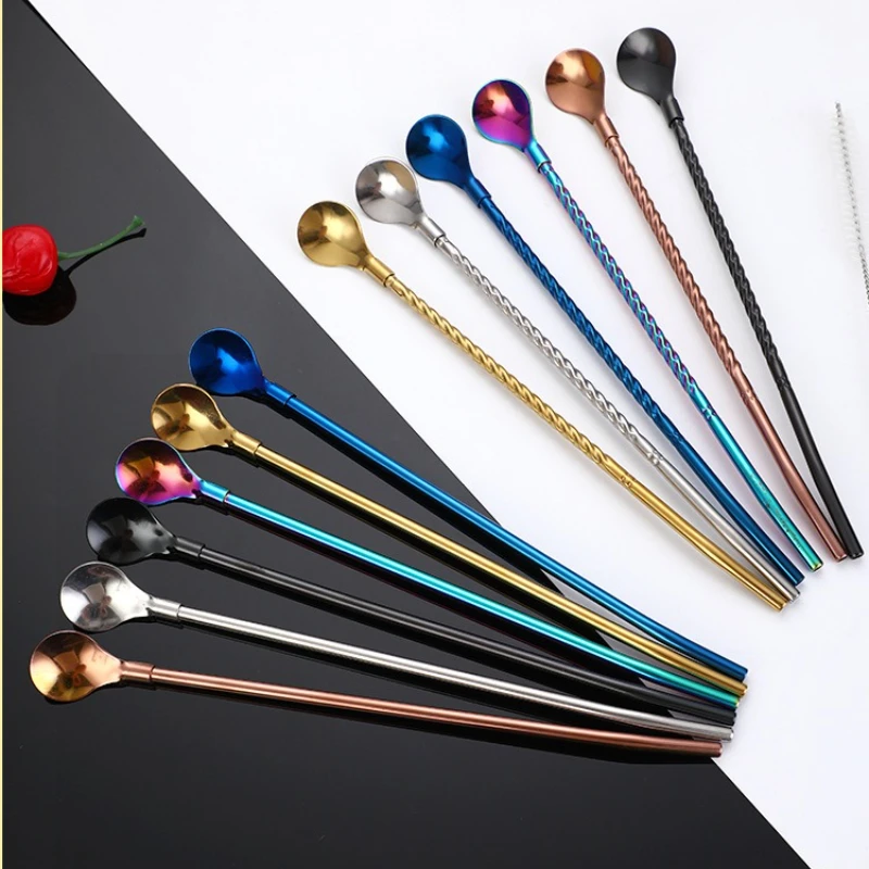 

Straw Spoon Portable Gold Tea Scoop Reusable Colored Stainless Steel Straws Gold Dinnerware for Bar Party Kitchen Accessories