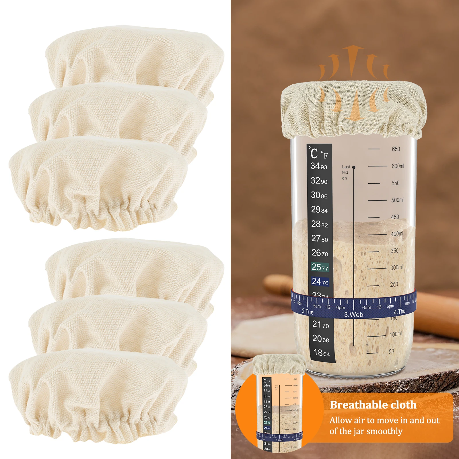 6Pcs Sourdough Starter Jar Covers 7.6cm to 10.1cm Elastic Cloth Sourdough Fermentation Jar Lid Reusable Compact Jar Cover