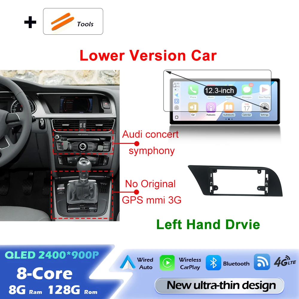 Android 16 draadloze Carplay autoradio multimediaspeler GPS navigatie ultradunne scherm DSP stereo WiFi voor Audi A4 B8 A5 2009 - 2016 - afbeelding 1