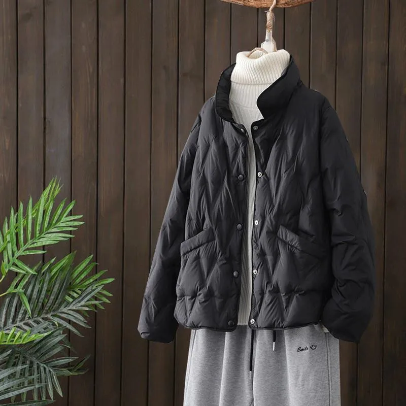 Stand Collar Down Coat Autumn Winter Women Warm Light White Duck Down Jacket Parkas Female Short Loose Bigsize Puffer Outwears