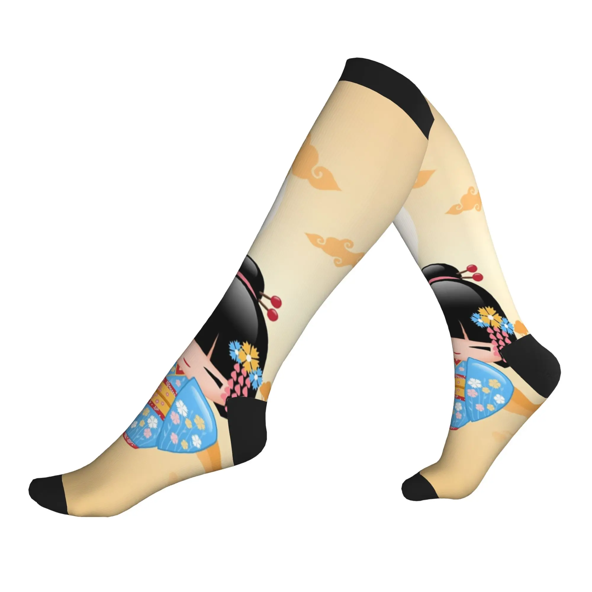 Japanese Maiko Kokeshi Doll Socks Women Men Warm 3D Printed Cute Girly Vector Geisha Football Sports Sports Compression Socks