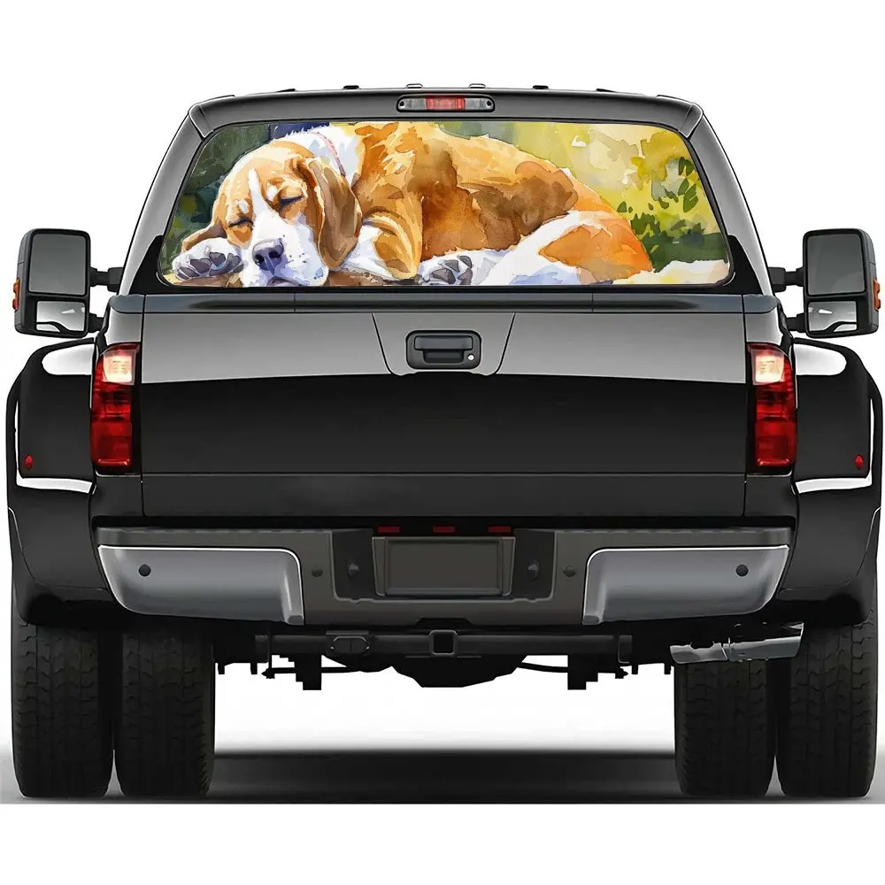 Sleep Beagle Landscape Car Rear Windshield Sticker Truck Window See Through Perforated Back Window Vinyl Decal Decoration