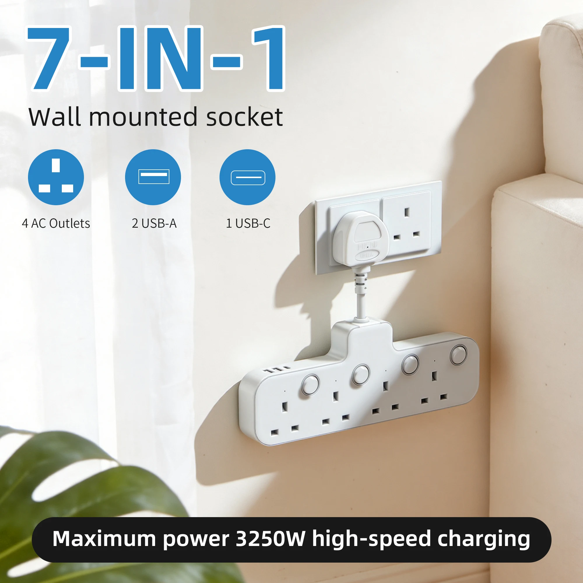 7-in-1 Uk Plug Adapter with USB Type-C Port, Wall-Mounted Socket Extender, Suitable for Home and Office Environments; Features Overcurrent Protection, Power Strip with Independent Switch Design; 4-Way Ac Socket, 2cm Extension Cord Power Outlets, Suitable for the Uk Region