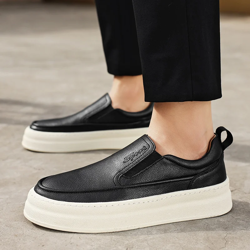 Youth Latest Trend Men Leather Casual Outdoor Shoes Platform Loafers Slip-on High Quality White Minimalist Thick Bottom Sneakers