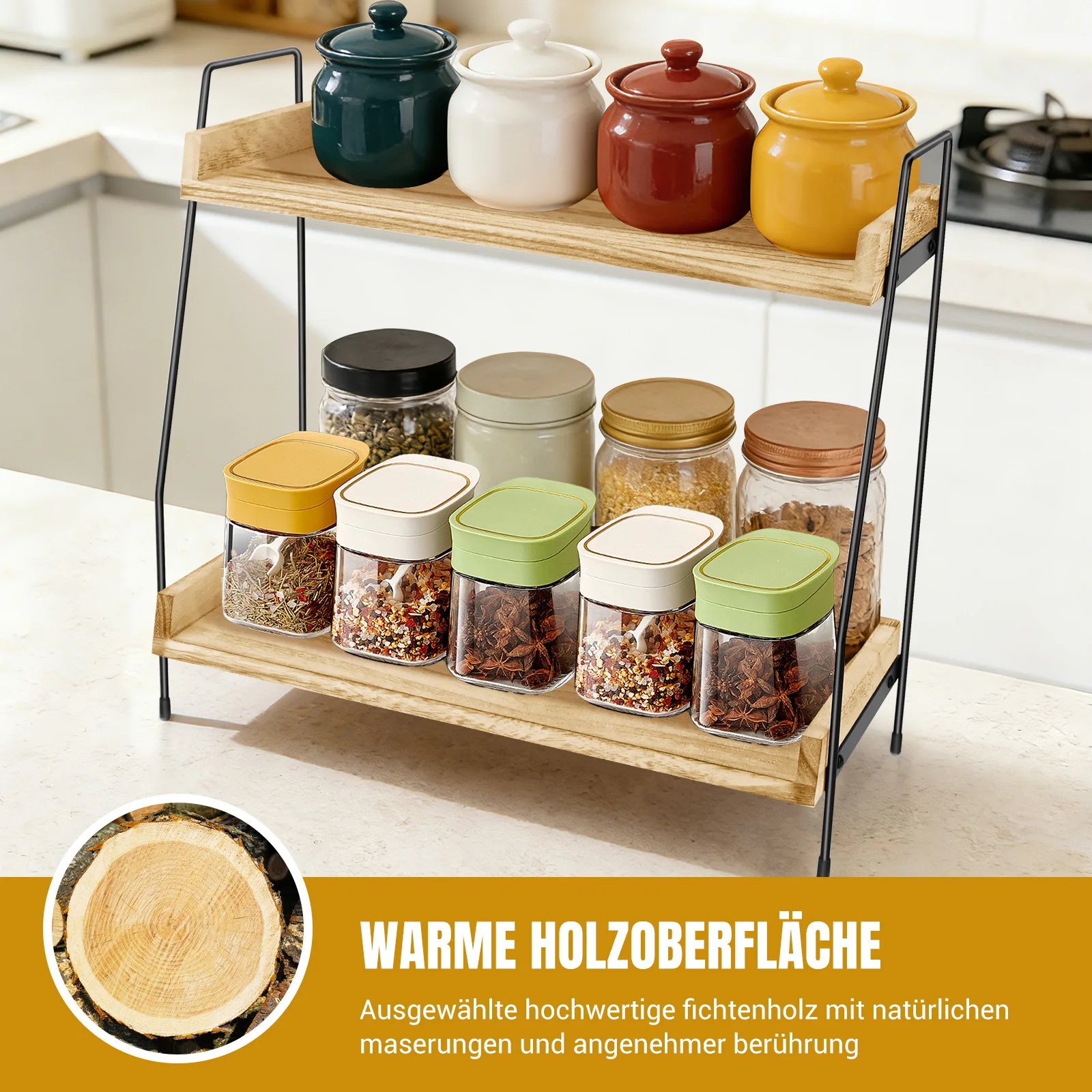 Kaffee-Organizer, 2-stöckiges Küchenregal aus Holz, Aufbewahrung für Kaffeezubehör, Küchengewürzregal