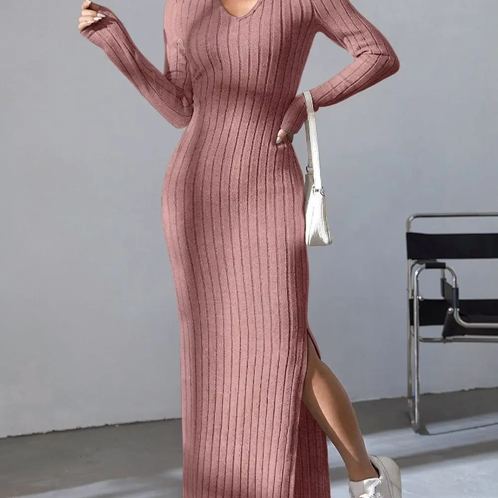 Autumn Women Slim Fit Bodycon Dress Lapel Collar Long Sleeve Knitted Striped Elegant Casual Party Office Workwear