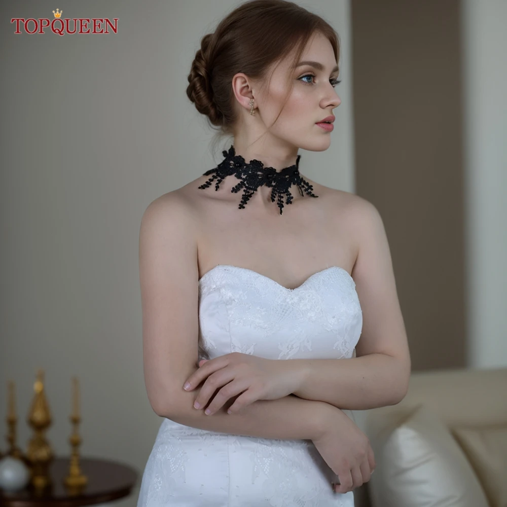 TOPQUEEN Sexy Black Lace Clavicle Chain Black And White Pearl Mini Bridal Shawl Short For Extended Wedding Accessories vg93