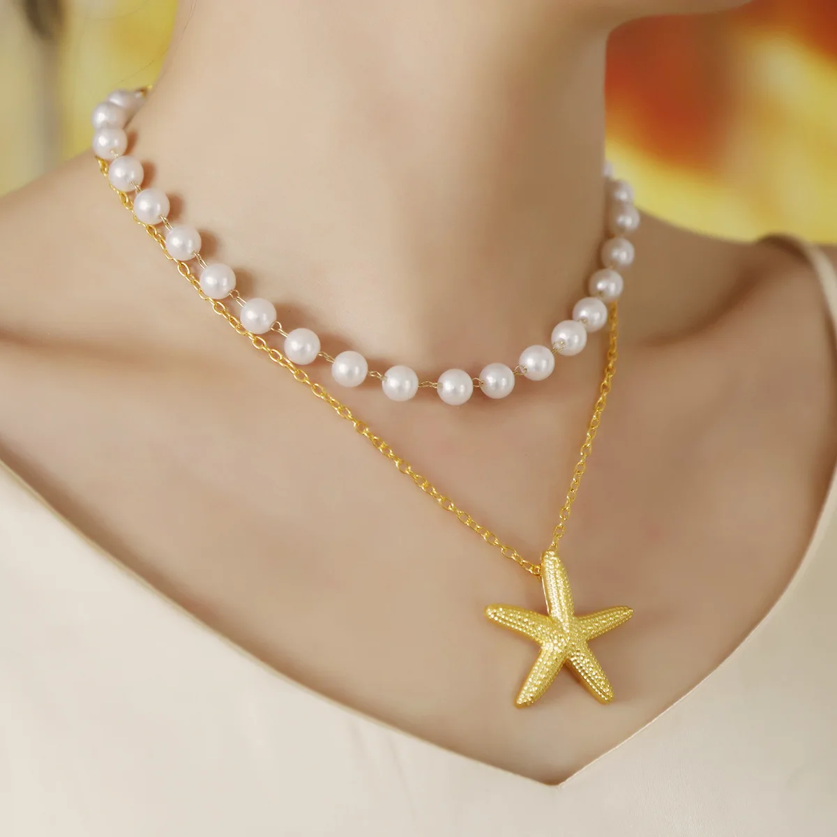 Imitation pearl starfish double-layer stacked necklace light luxury fashion high-end vacation style temperament versatile neckla