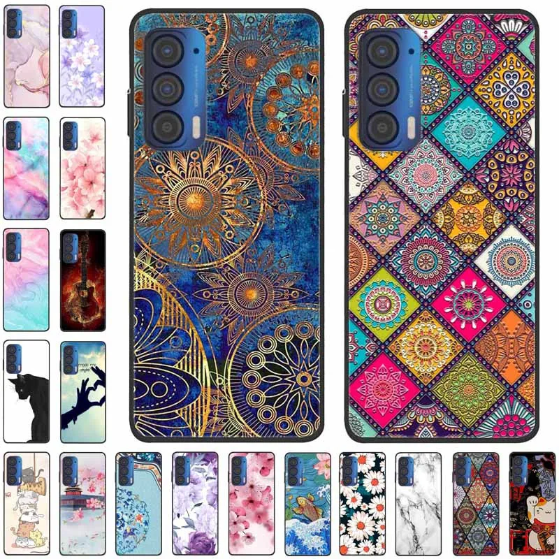 For Moto Edge 2021 2022 2023 Case Silicone Soft Flower Marble TPU Black Phone Covers for Motorola Moto Edge 2021 Protective Bag