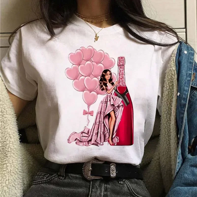 Camiseta estampada com balão vermelho feminino, camiseta com decote em O, manga curta, casual, fofa, moda feminina, nova