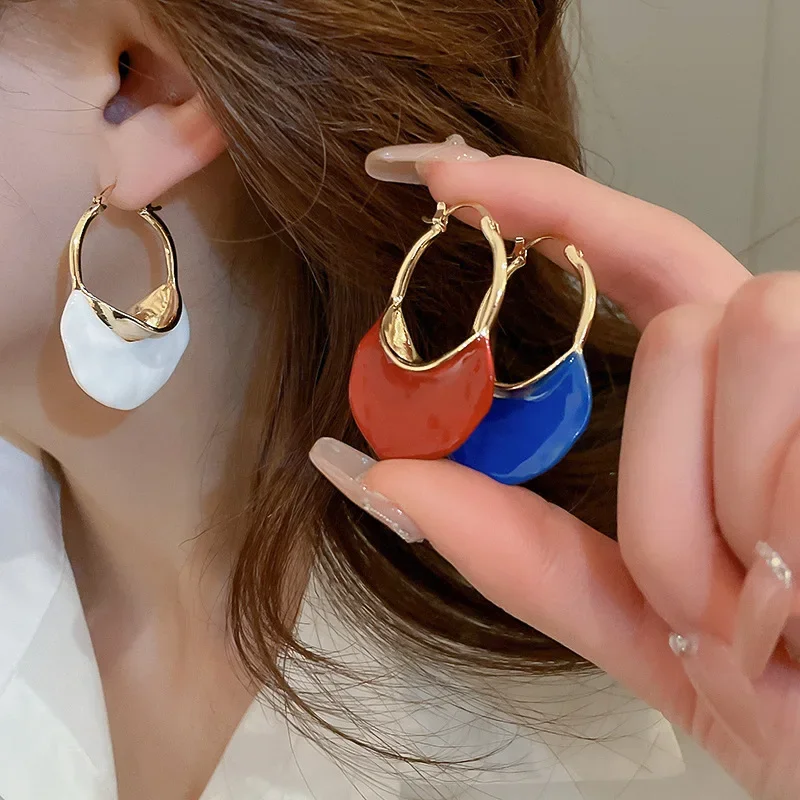 Minar Korean Style Colorful Enamel Bag Shaped Chunky Hoop Earrings for Women Gold Plated Alloy Statement Minimalist Jewelry